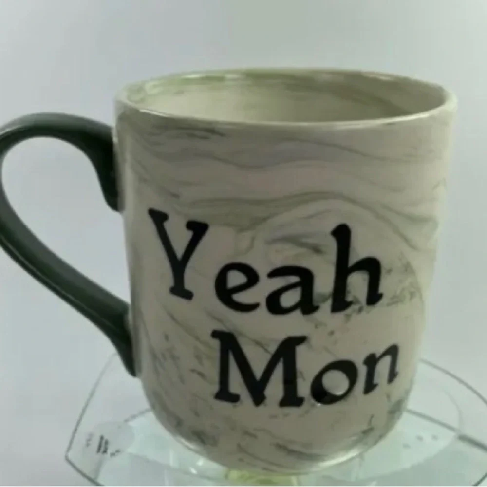 Vintage Jamaica Souvenir Coffee Mug YEAH MON Marble Design Green Handle